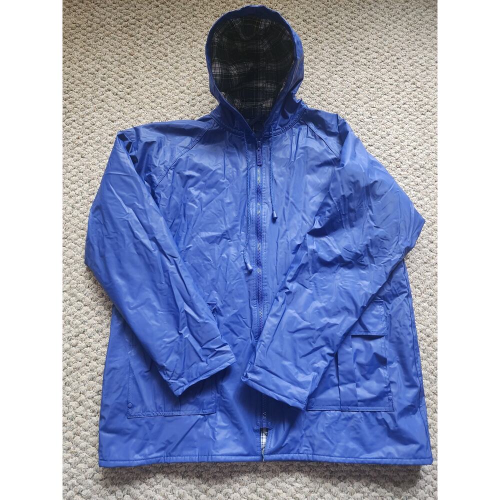 TOTES Womens Large Blue Classic Flannel Lined Hooded Raincoat‎